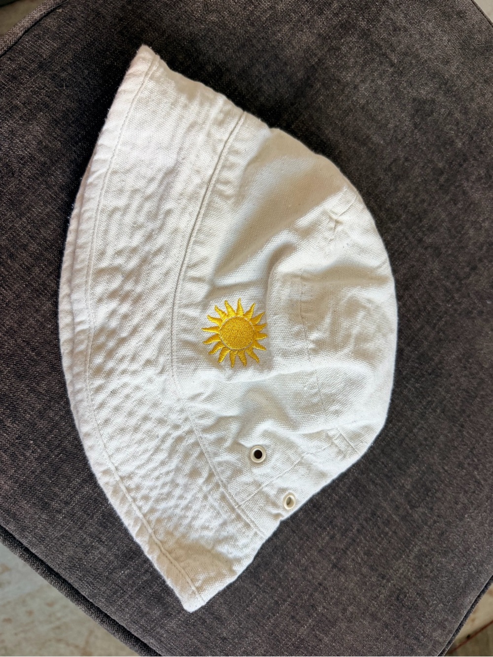 White Bucket Hat with Yellow Sun Embroidery